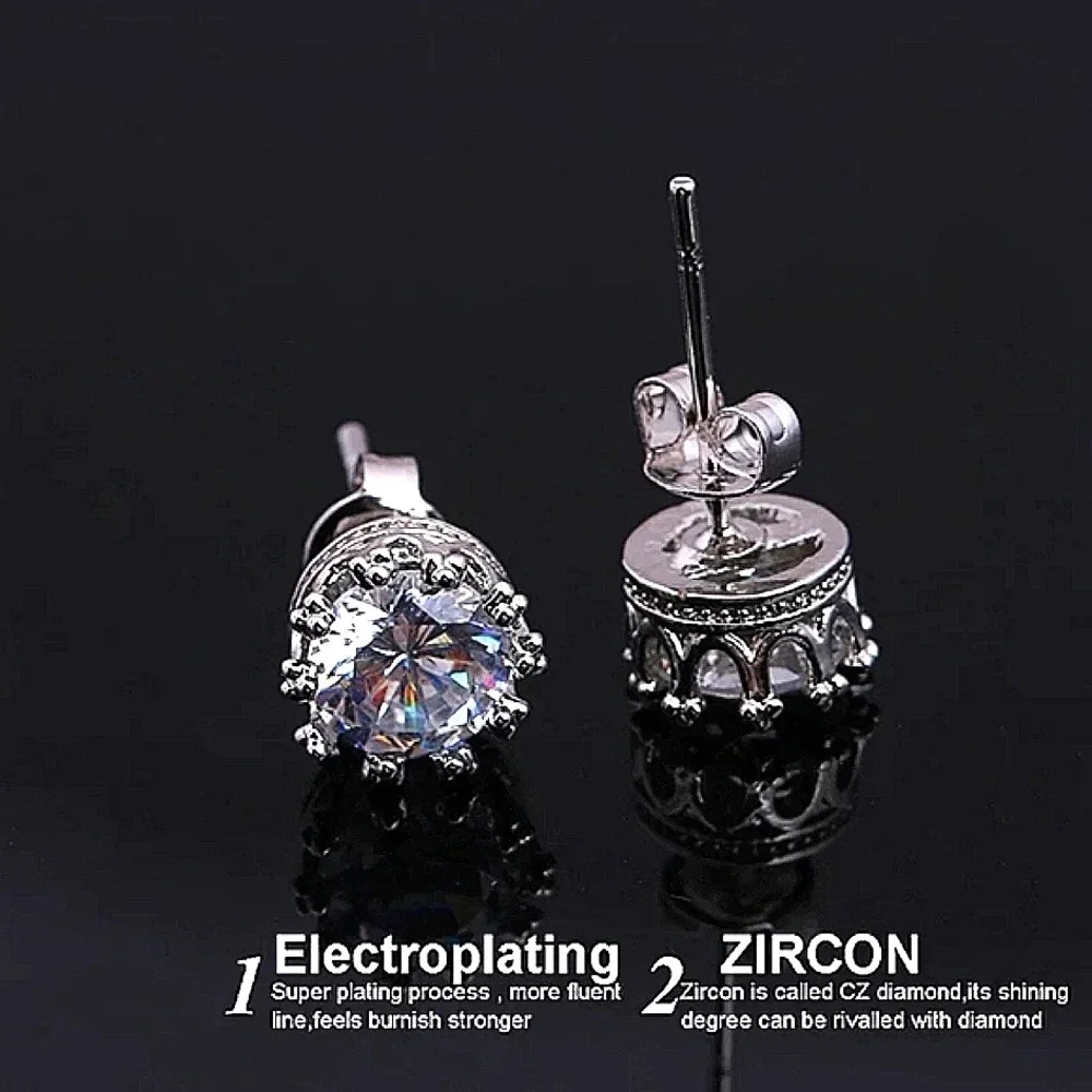 NEW 3 ctw 18k White Gold S925 Crown Stud Diamond Simulate‎ Earrings